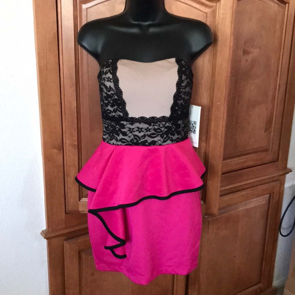Pink With Black Lace Peplum Dress